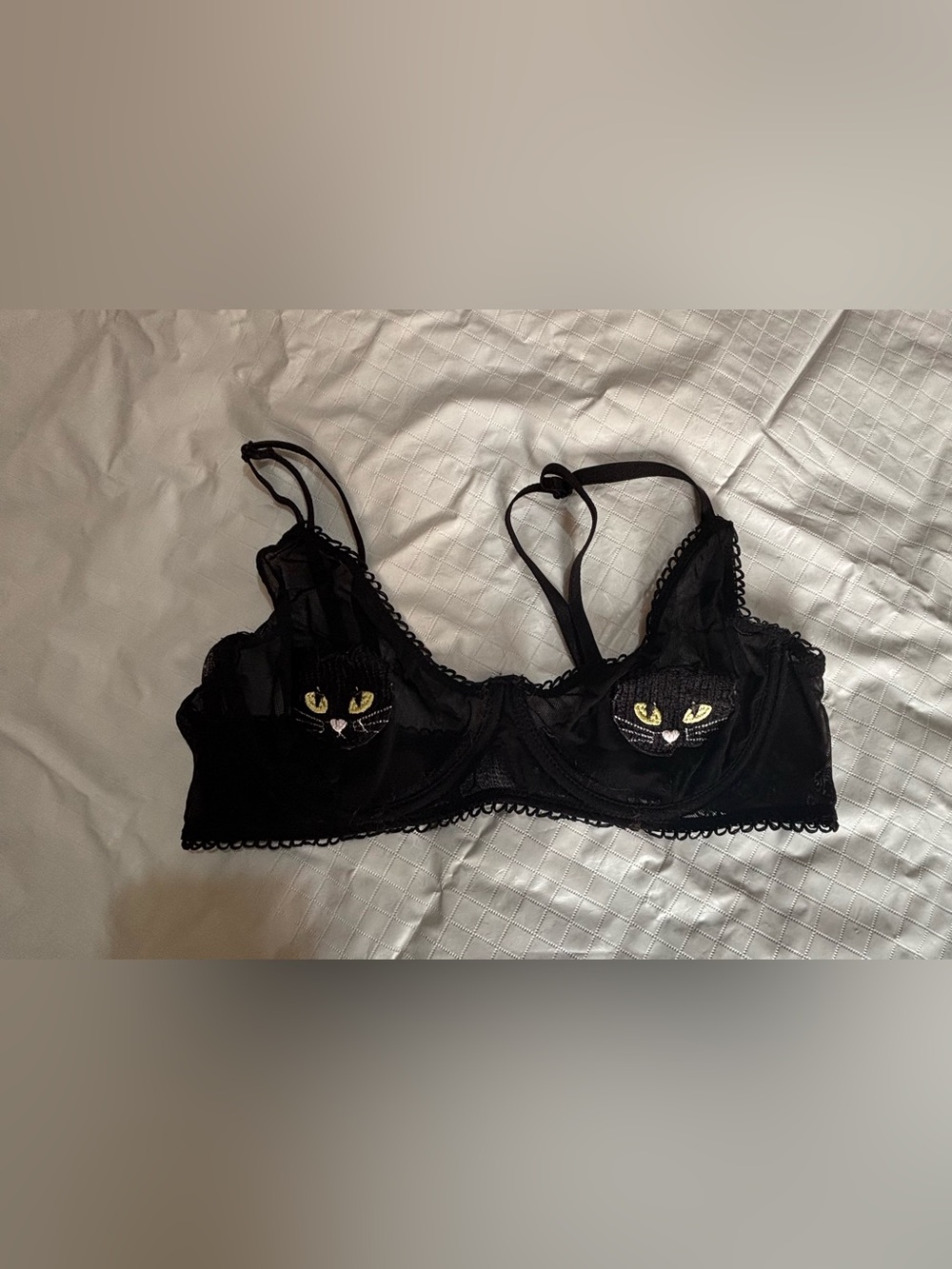 Knotty Knickers Sheer Black Cat Applique Underwire Bralette